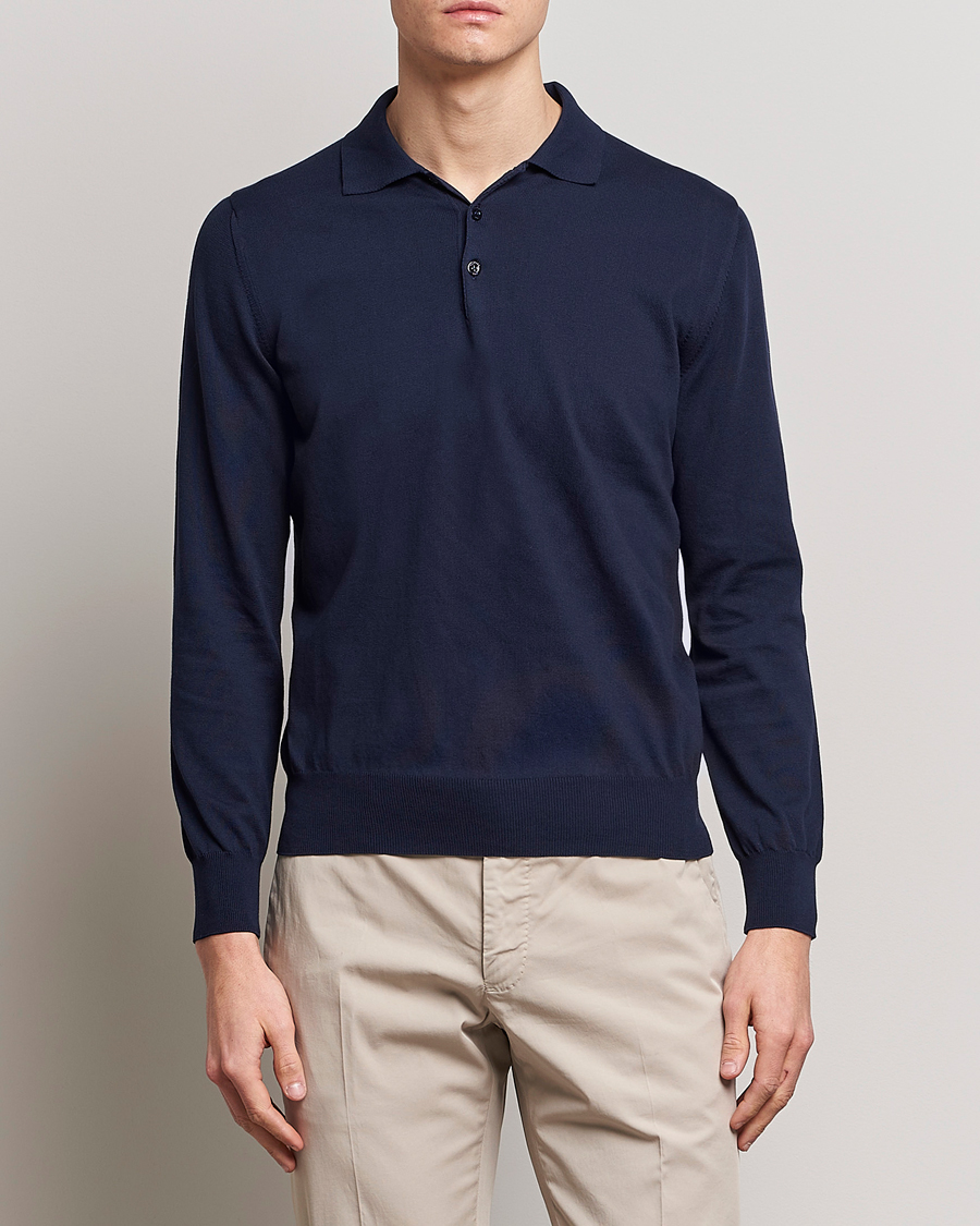 Homme | Quiet Luxury | Canali | Cotton Long Sleeve Polo Navy