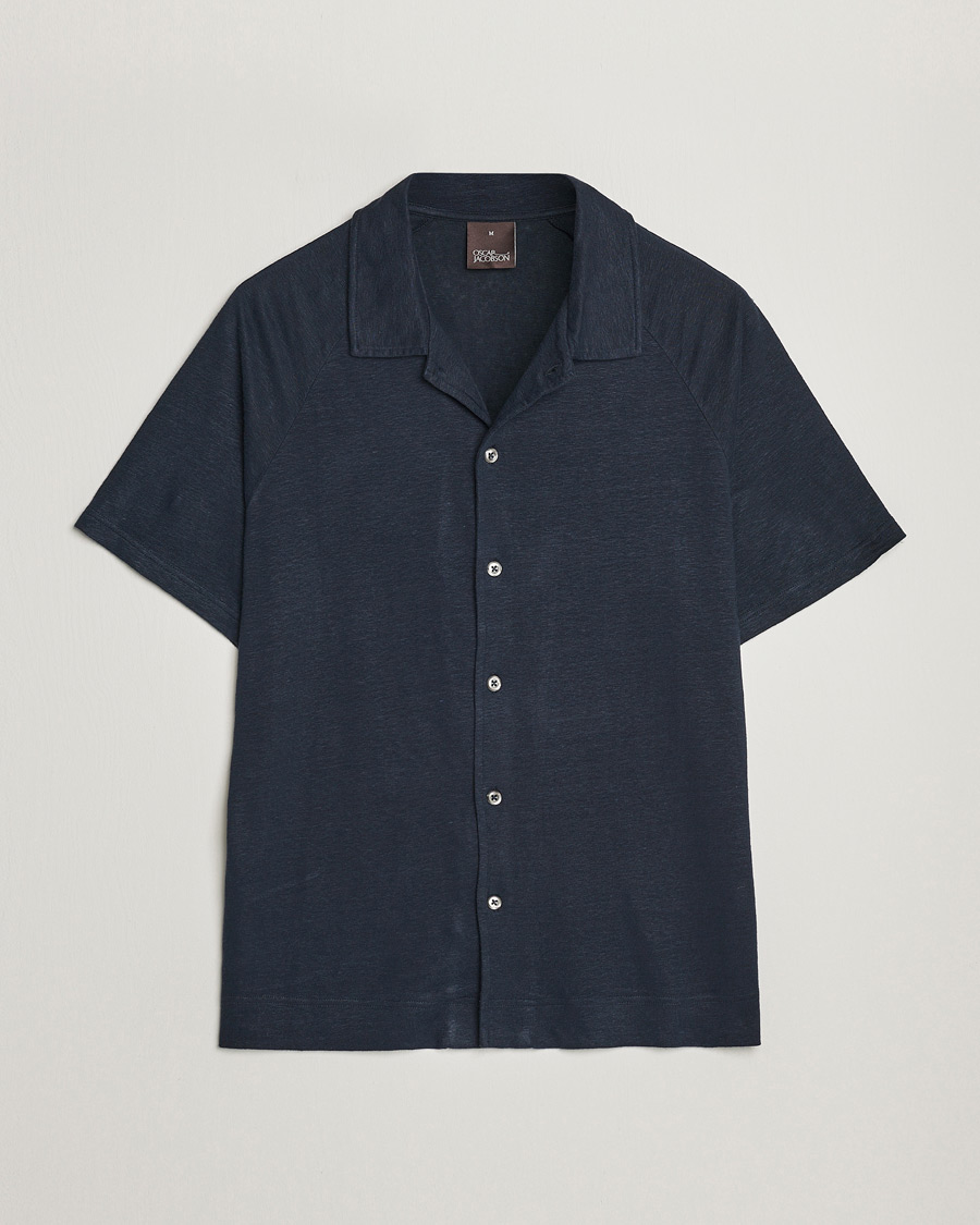 Homme | Polos | Oscar Jacobson | Albin Short Sleeve Linen Polo Navy