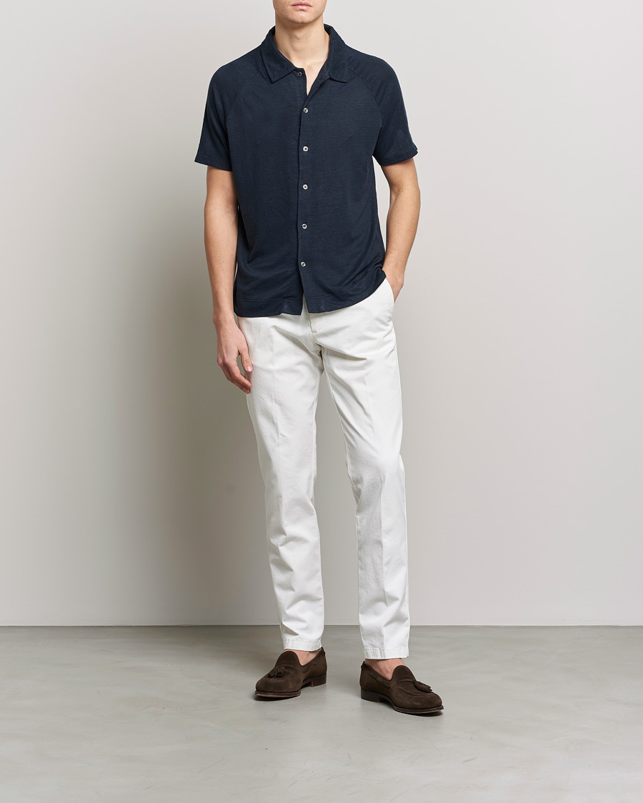 Homme | Polos | Oscar Jacobson | Albin Short Sleeve Linen Polo Navy