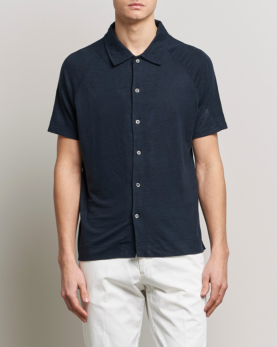 Homme | Polos | Oscar Jacobson | Albin Short Sleeve Linen Polo Navy