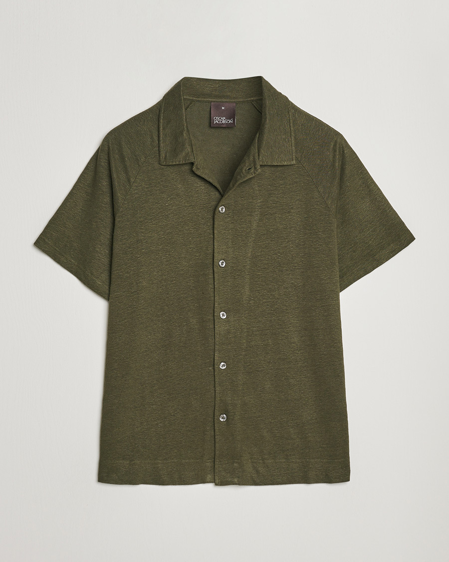 Homme | Polos | Oscar Jacobson | Albin Short Sleeve Linen Polo Olive