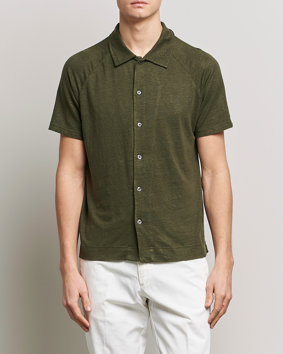 Homme | Polos | Oscar Jacobson | Albin Short Sleeve Linen Polo Olive
