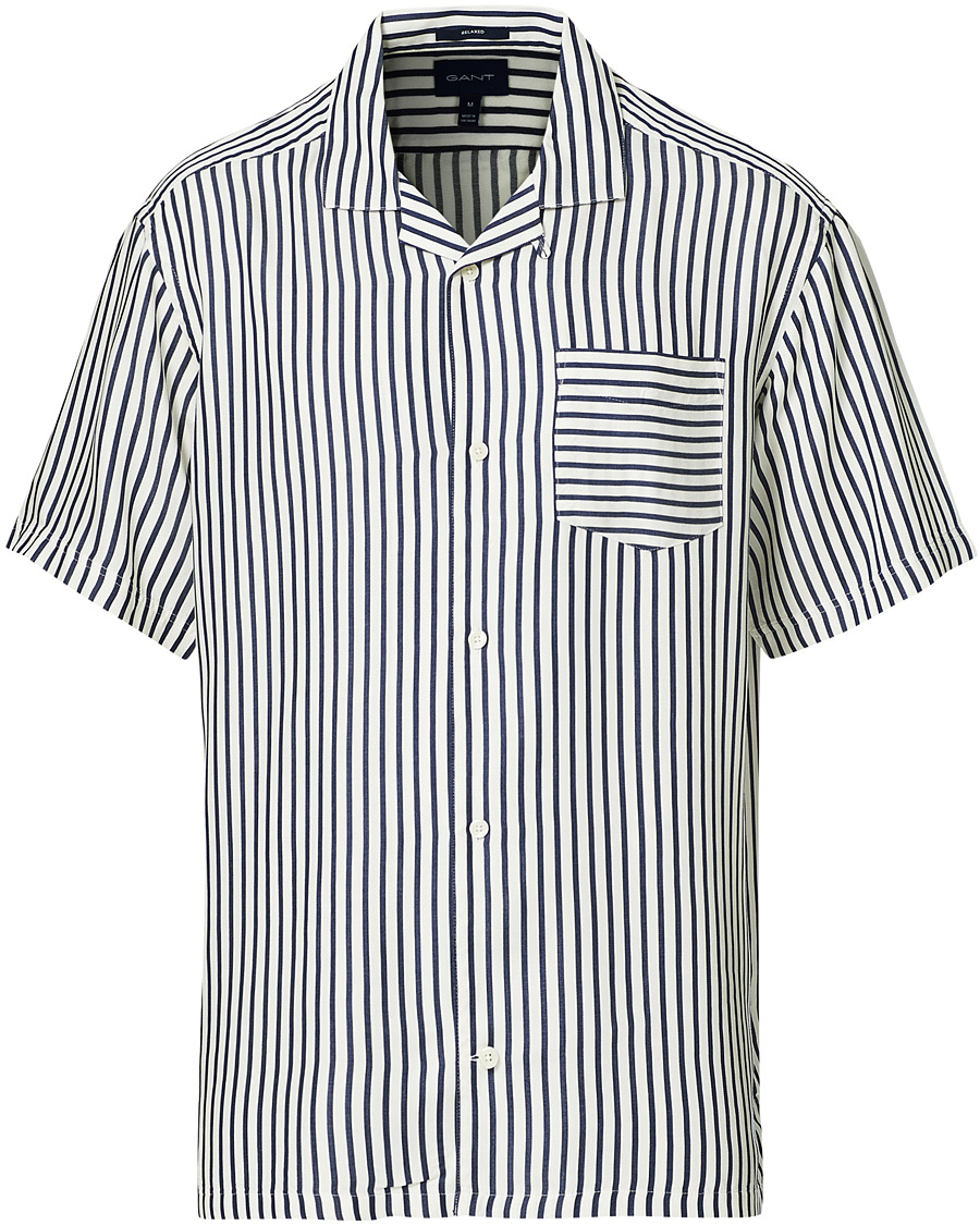 Homme | Chemises | Gant | Rel Stripe Camp Collar Short Sleeve Shirt White/Blue
