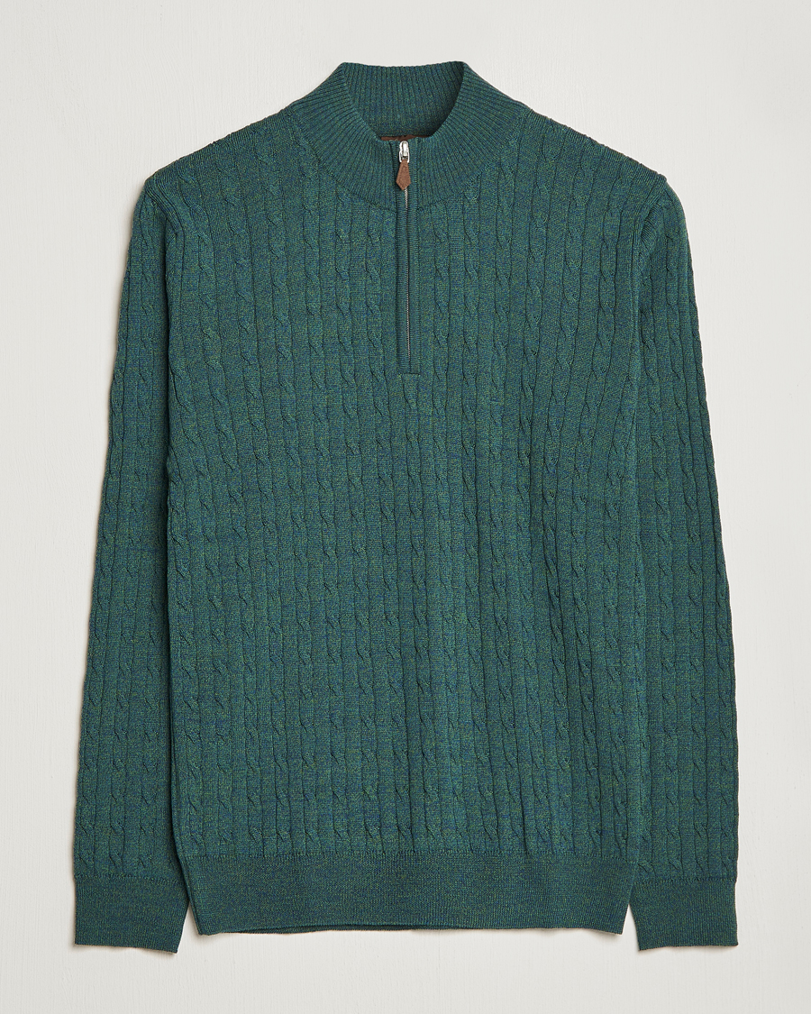 Homme | Pulls Et Tricots | Stenströms | Merino Wool Cable Half Zip Green Mouliné