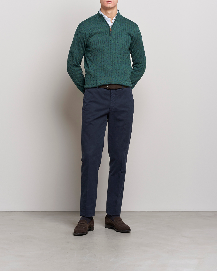 Homme | Pulls Et Tricots | Stenströms | Merino Wool Cable Half Zip Green Mouliné