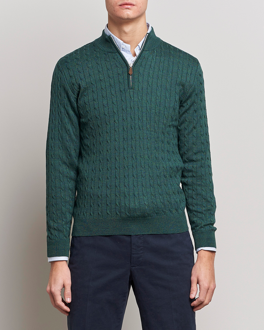 Homme | Pulls Et Tricots | Stenströms | Merino Wool Cable Half Zip Green Mouliné