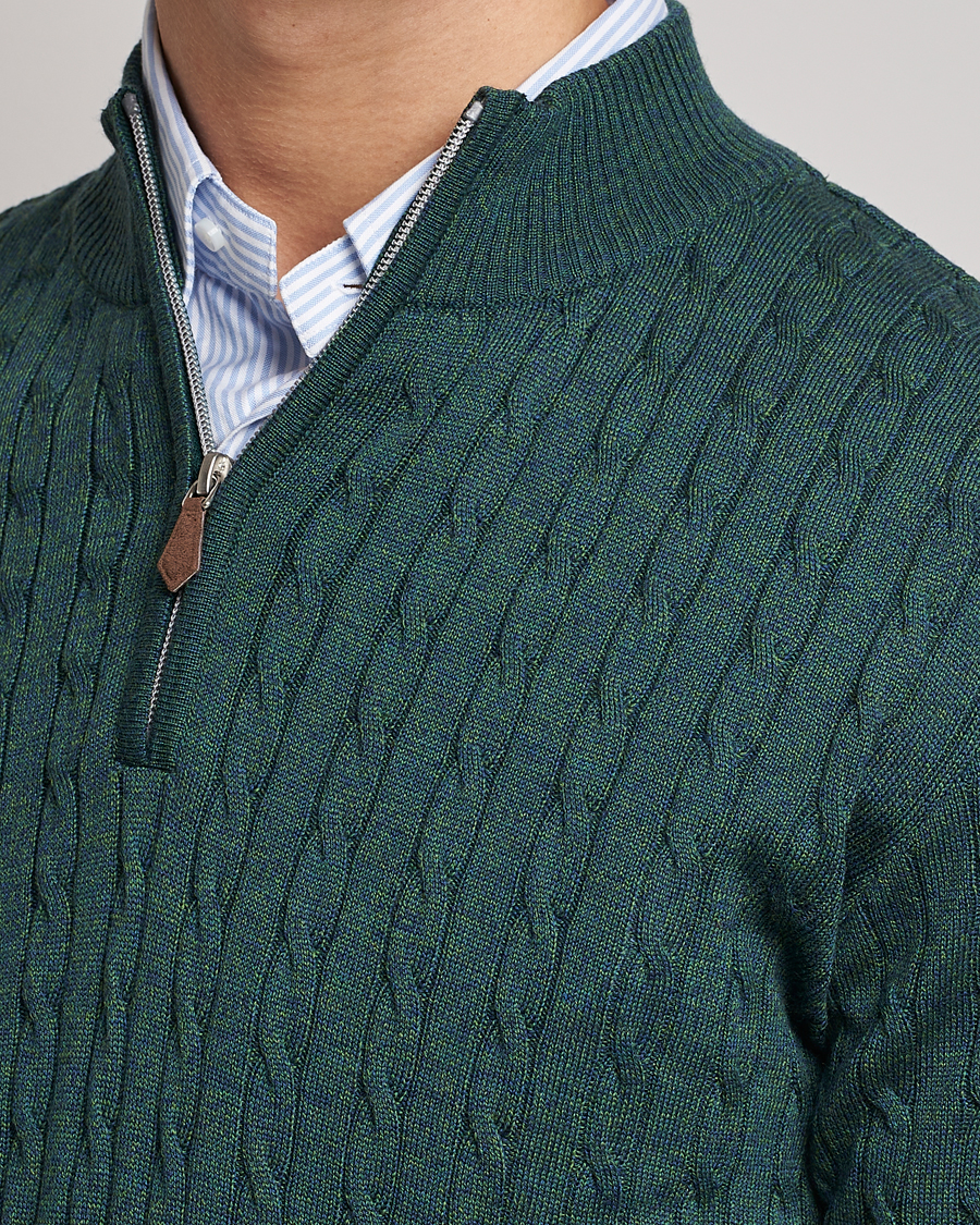 Homme | Pulls Et Tricots | Stenströms | Merino Wool Cable Half Zip Green Mouliné