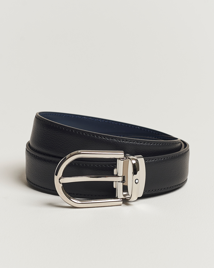 Homme | Montblanc Reversible Horseshoe Leather Belt 30mm Blue/Black Grain | Montblanc | Reversible Horseshoe Leather Belt 30mm Blue/Black Grain