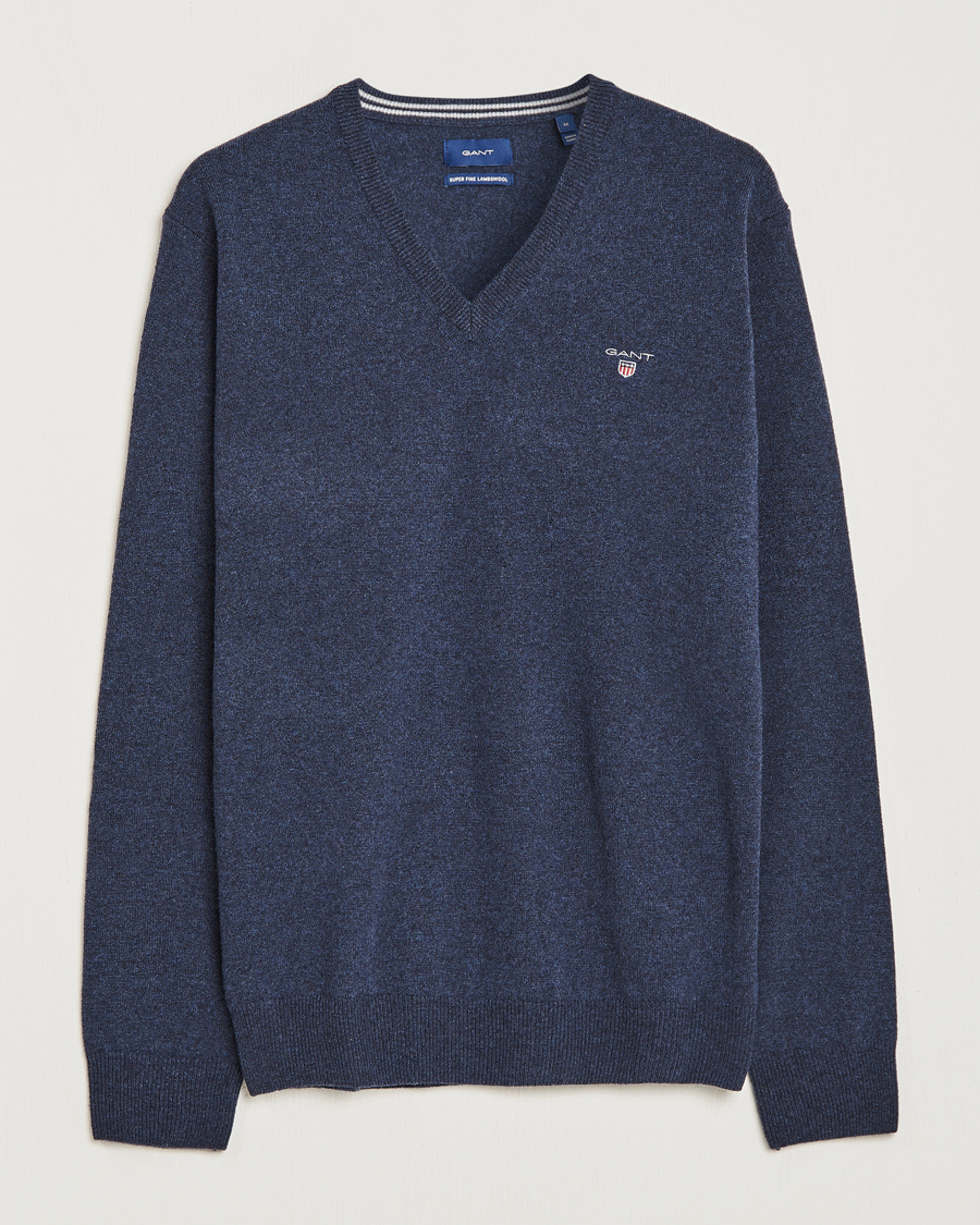 Homme | Pulls Et Tricots | GANT | Lambswool V-Neck Pullover Dark Navy Melange