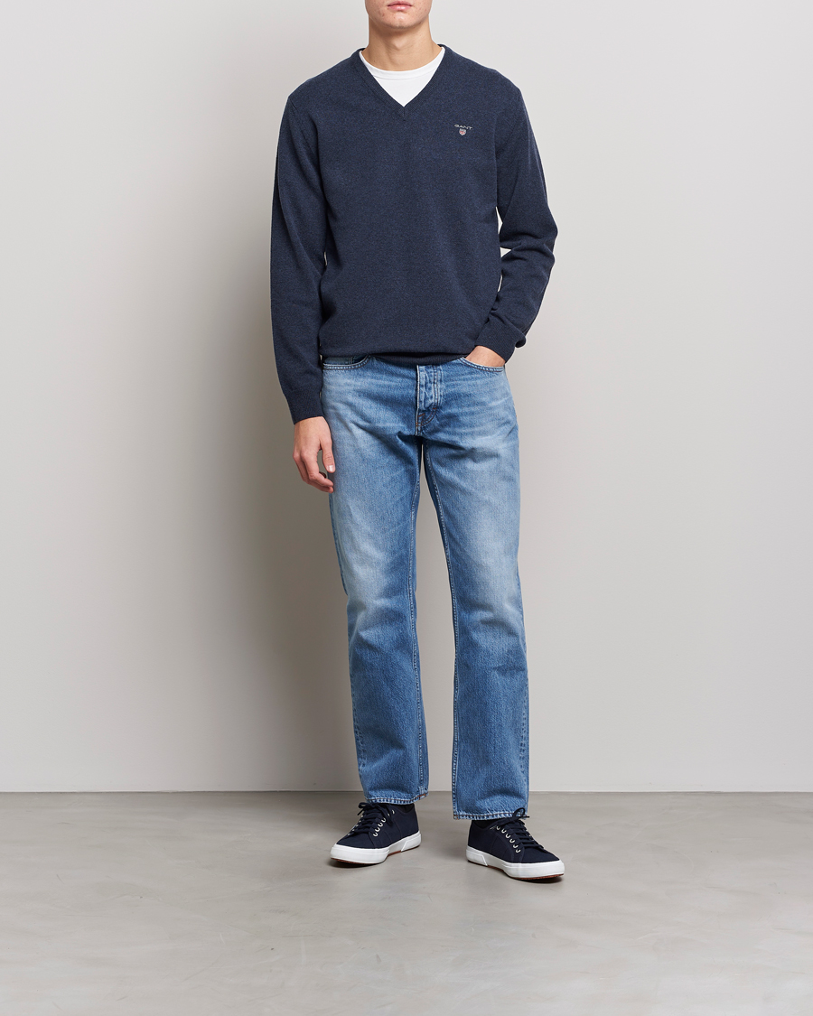 Homme | Pulls Et Tricots | GANT | Lambswool V-Neck Pullover Dark Navy Melange