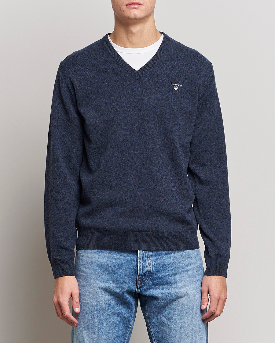 Homme | Pulls Et Tricots | GANT | Lambswool V-Neck Pullover Dark Navy Melange