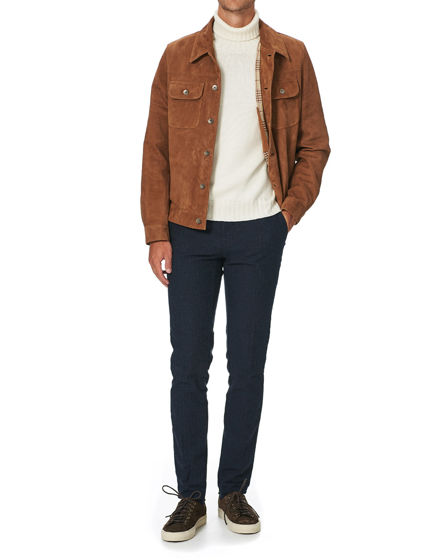 Homme | Pantalons | Incotex | Slim Fit Cotton/Wool Herringbone Slacks Navy