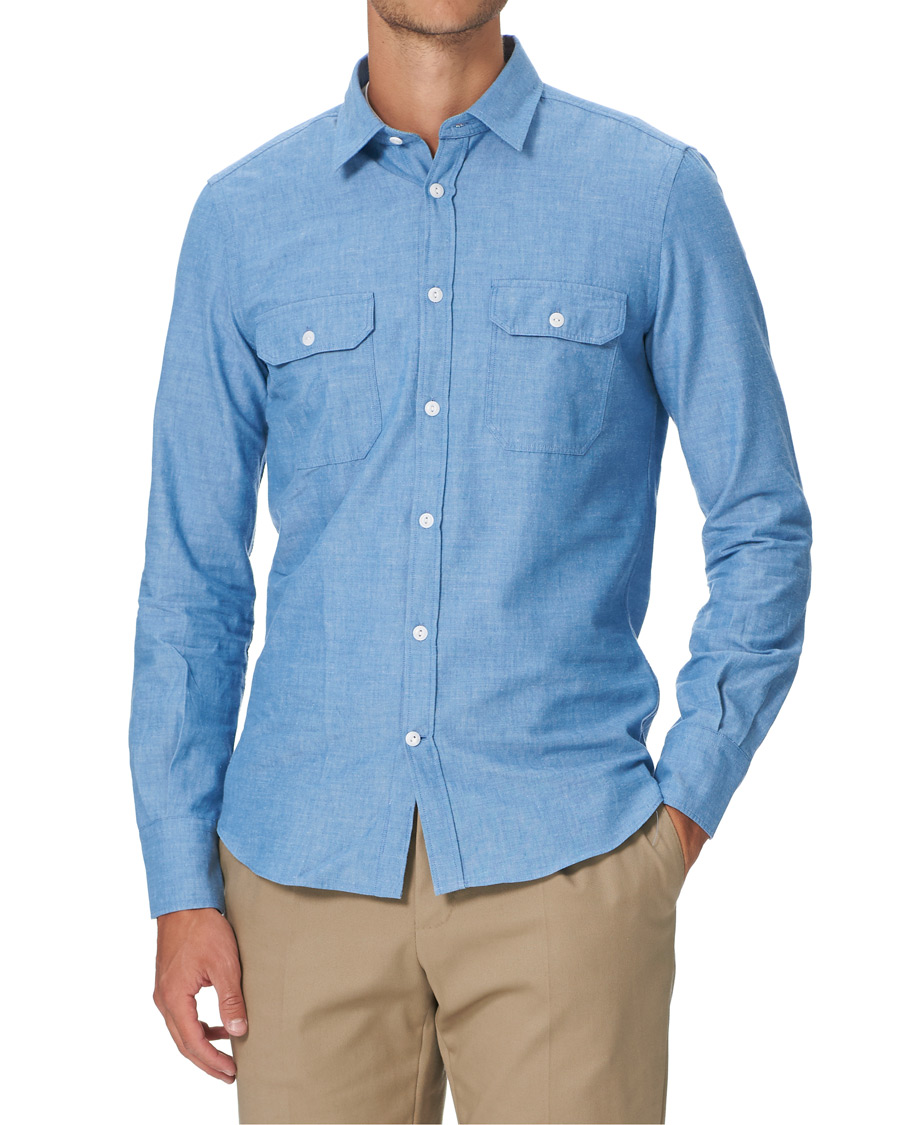 Homme | Chemises | Slowear | Winter Chambray Double Pocket Shirt Light Blue