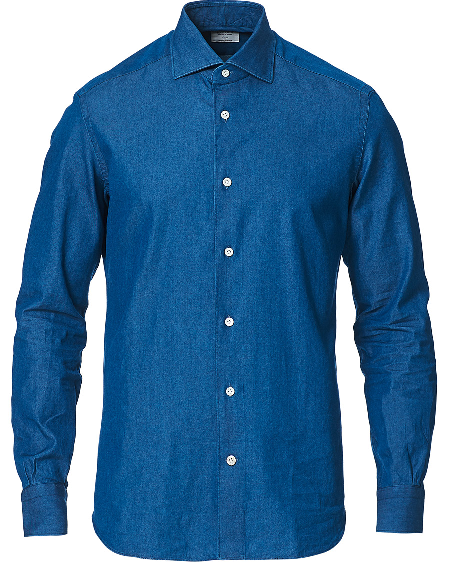 Homme | Chemises | Mazzarelli | Cut Away Down Denim Shirt Dark Indigo
