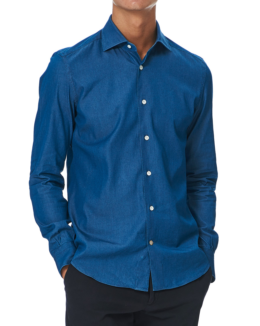 Homme | Chemises | Mazzarelli | Cut Away Down Denim Shirt Dark Indigo