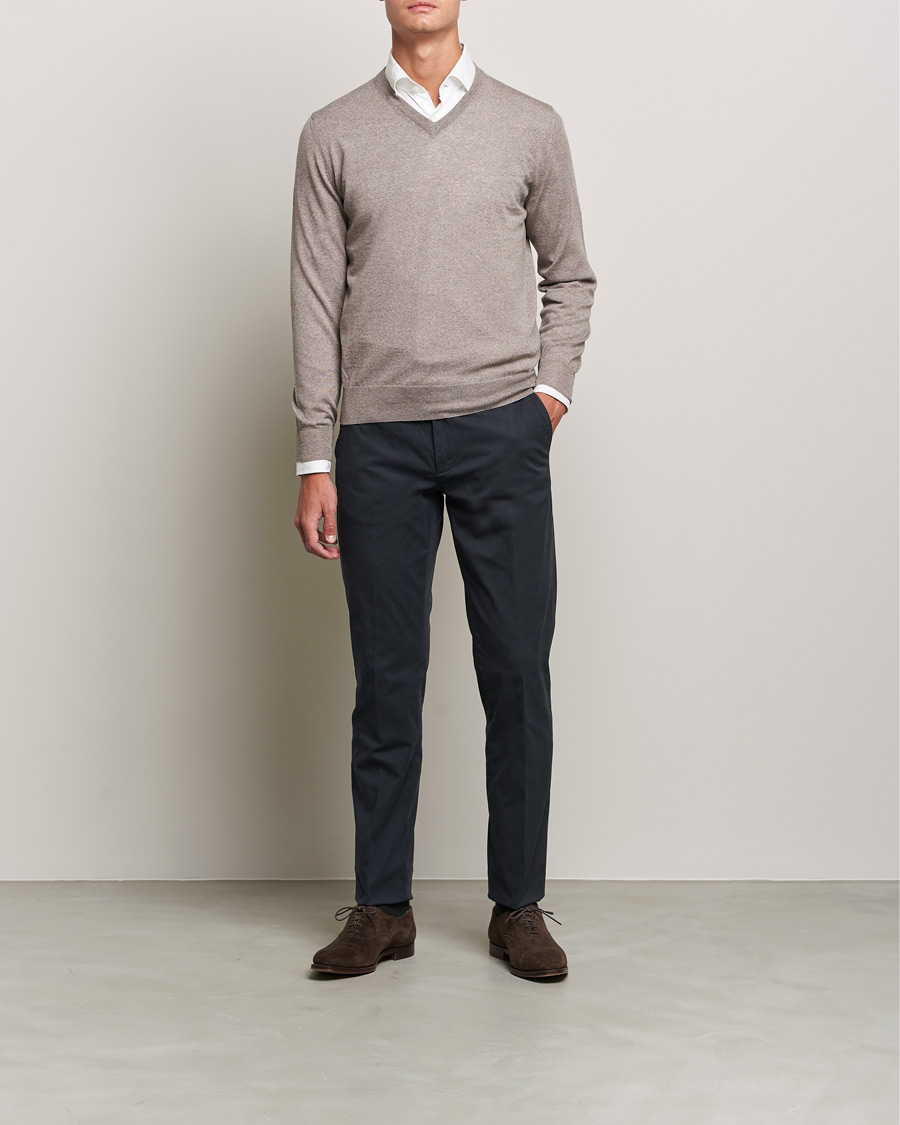 Homme | Pulls Et Tricots | Canali | Merino Wool V-Neck Taupe