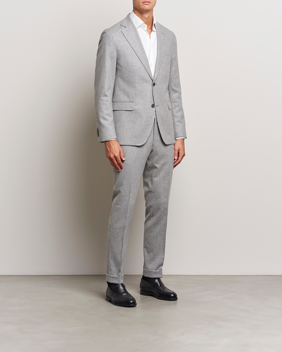Homme | Pantalons | Oscar Jacobson | Denz Turn Up Flannel Trousers Light Grey Melang