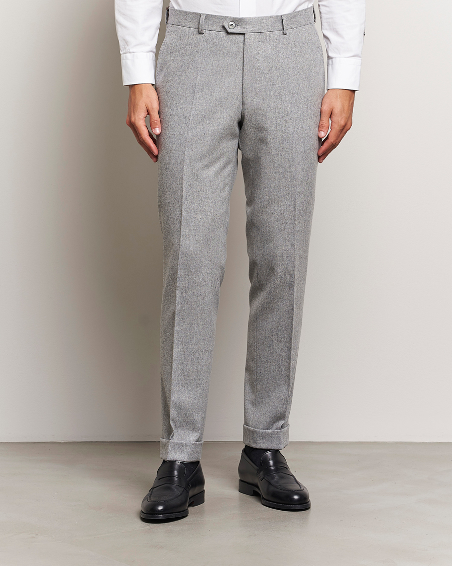 Homme | Pantalons | Oscar Jacobson | Denz Turn Up Flannel Trousers Light Grey Melang