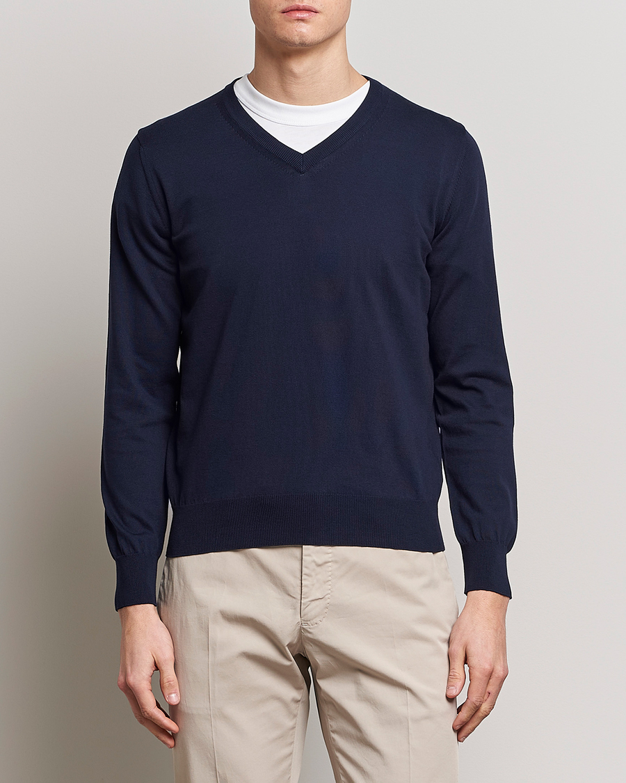 Homme | Pulls Et Tricots | Canali | Cotton V-Neck Pullover Navy