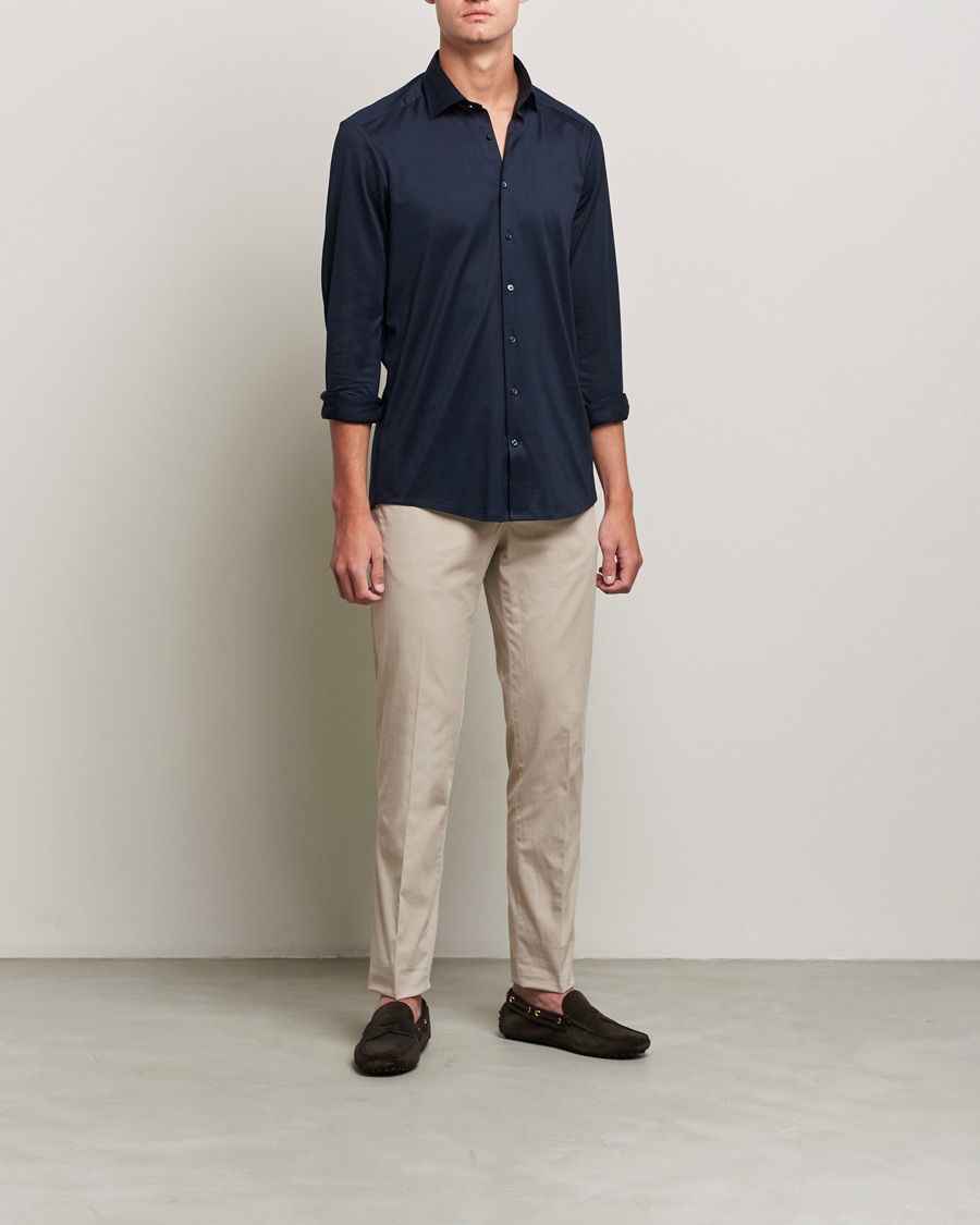 Homme | Chemises | Stenströms | Slimline Jersey Button Down Shirt Navy