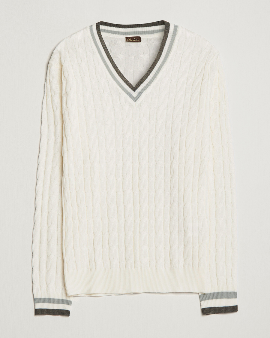 Homme | Pulls Et Tricots | Stenströms | Contrast Merino Cable V-Neck White