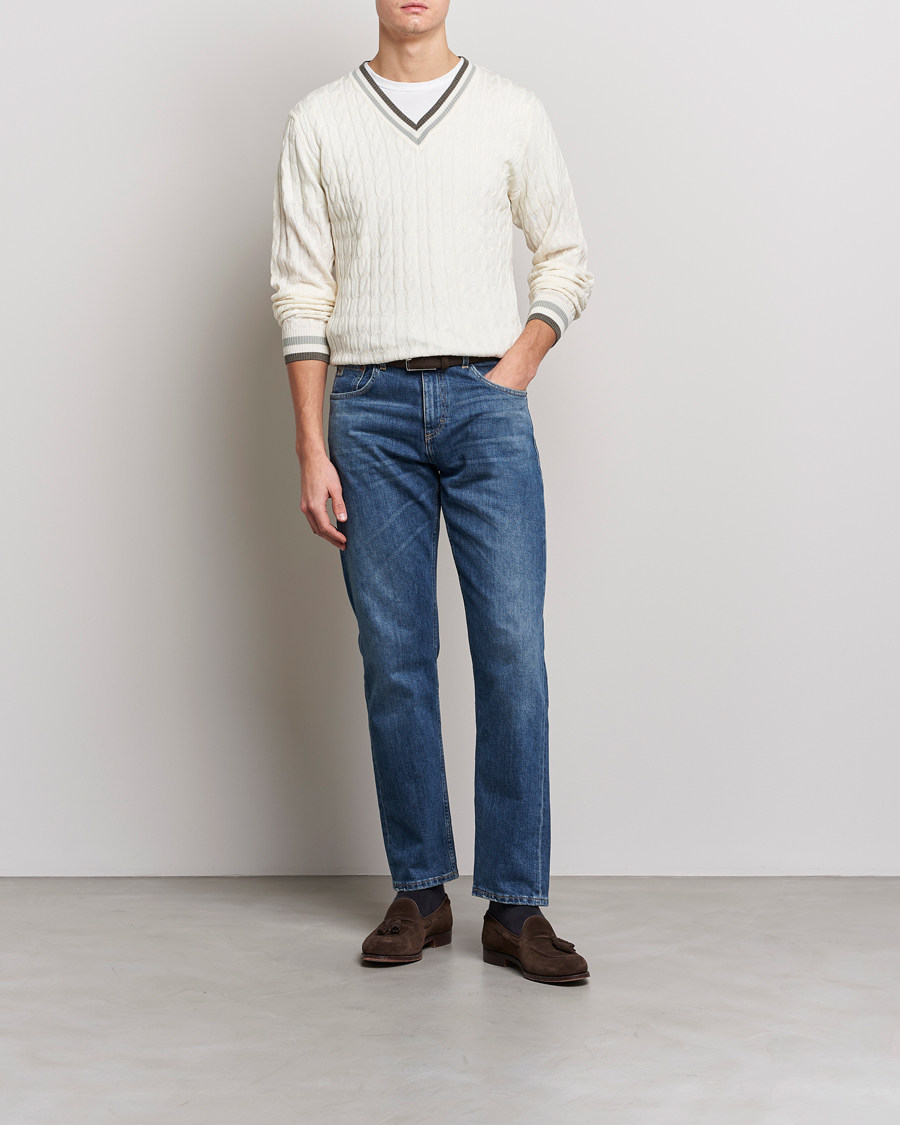 Homme | Pulls Et Tricots | Stenströms | Contrast Merino Cable V-Neck White