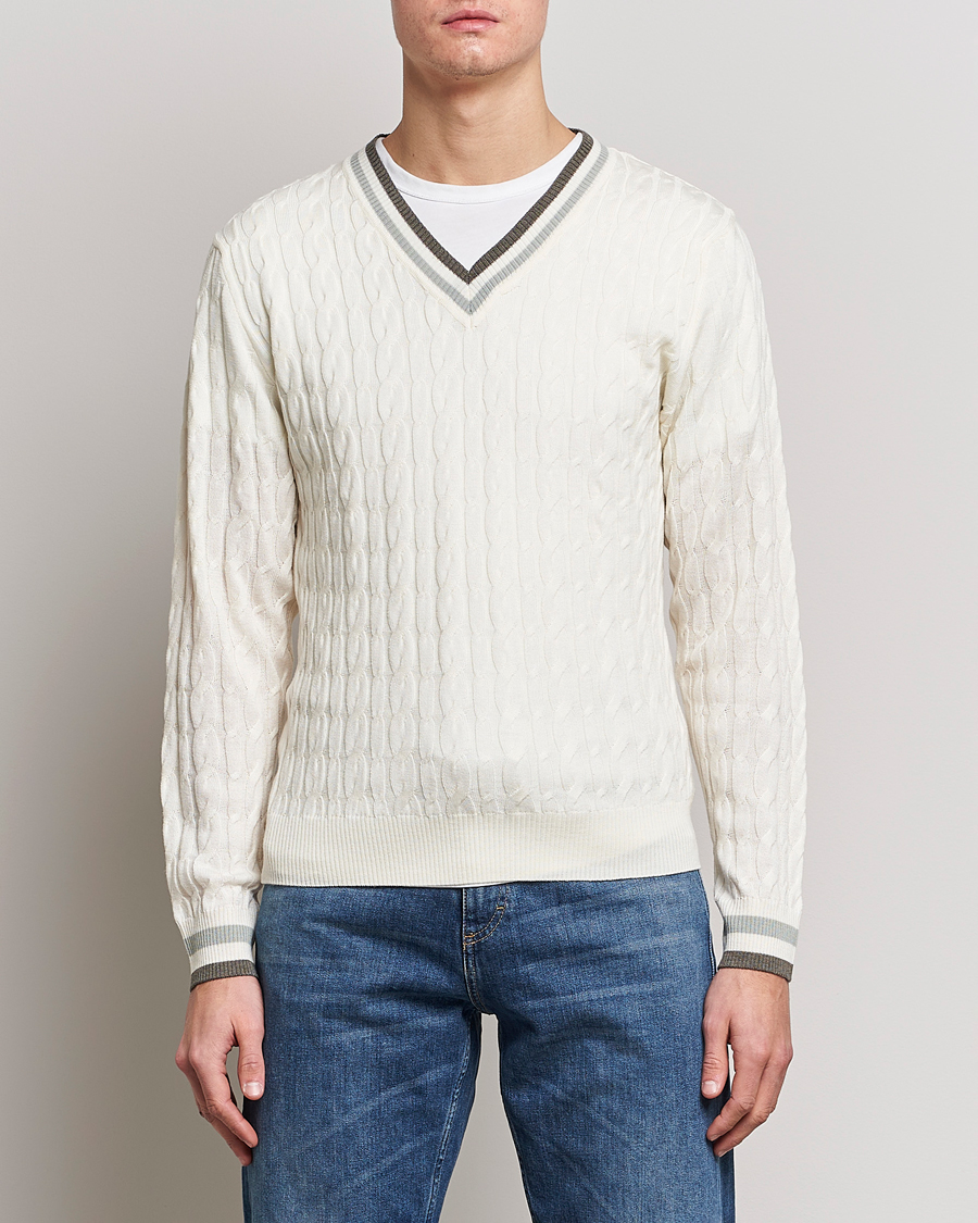 Homme | Pulls Et Tricots | Stenströms | Contrast Merino Cable V-Neck White
