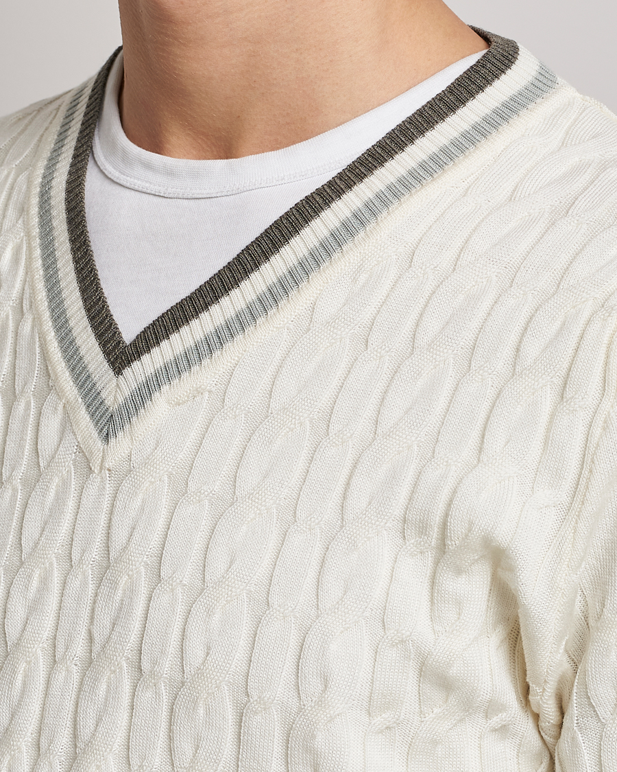 Homme | Pulls Et Tricots | Stenströms | Contrast Merino Cable V-Neck White