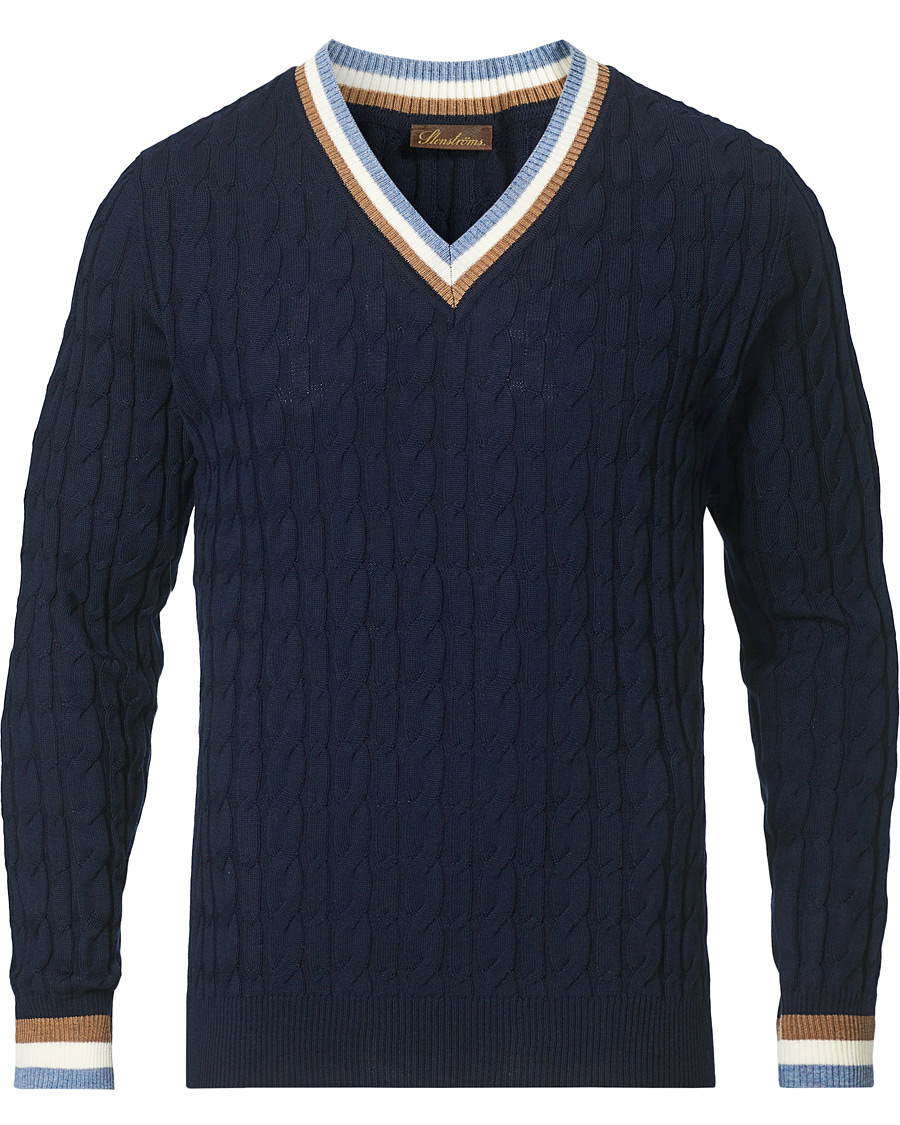 Homme | Pulls Et Tricots | Stenströms | Contast Merino Cable V-Neck Navy
