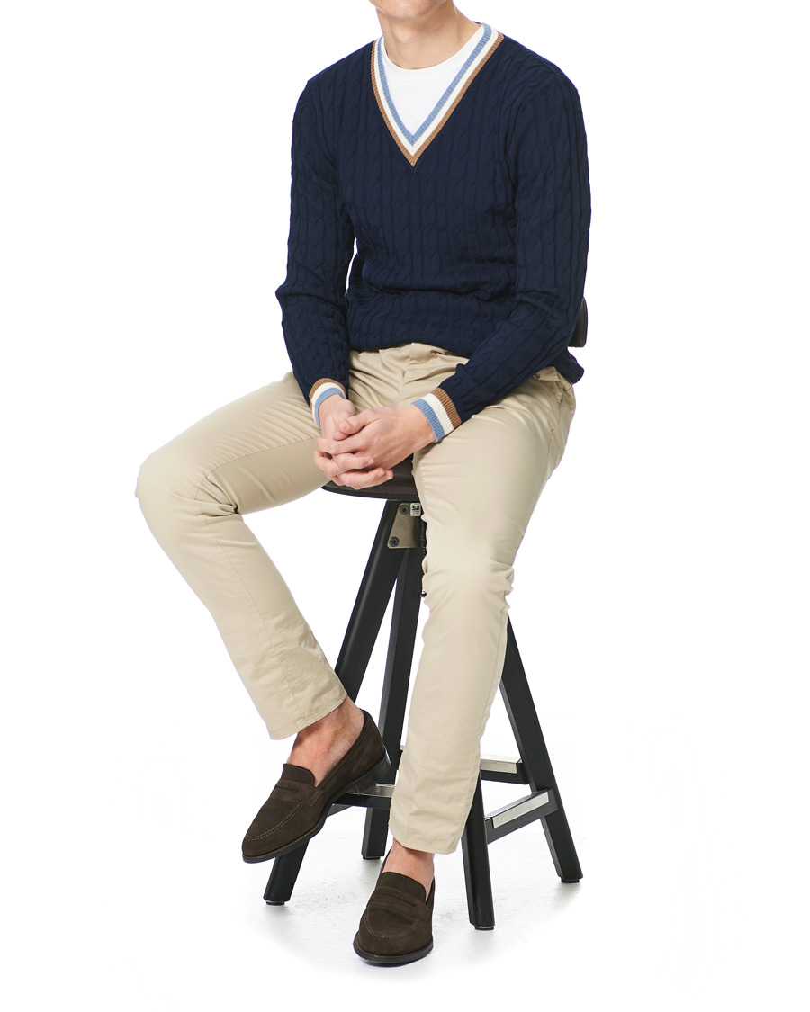 Homme | Pulls Et Tricots | Stenströms | Contast Merino Cable V-Neck Navy