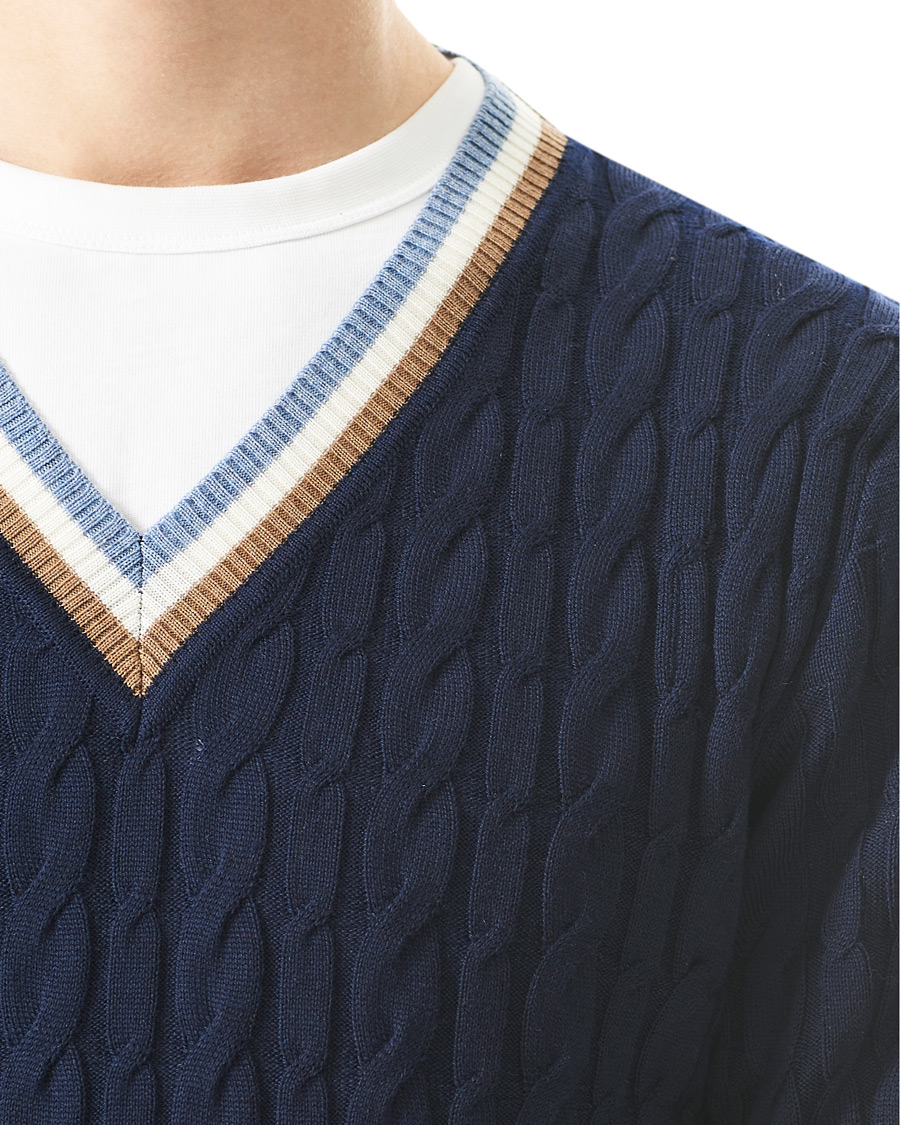 Homme | Pulls Et Tricots | Stenströms | Contast Merino Cable V-Neck Navy
