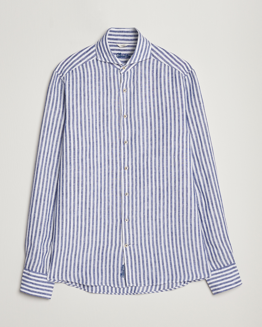 Homme | Chemises | Stenströms | Slimline Cut Away Striped Linen Shirt Blue