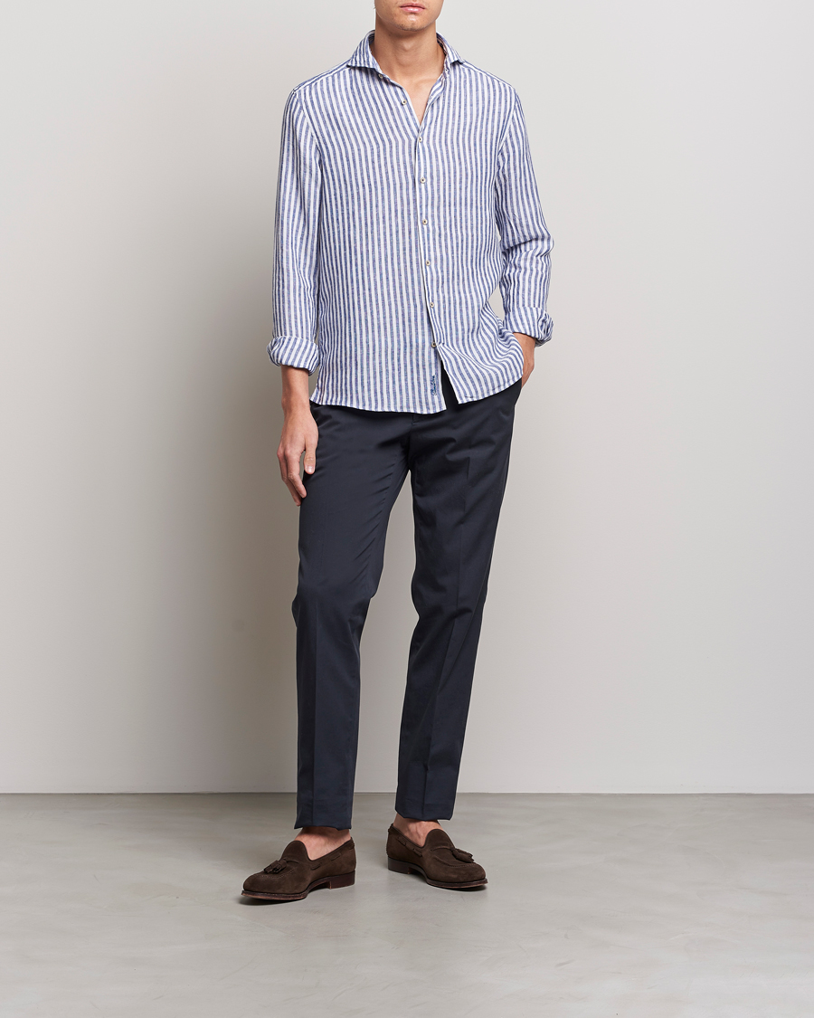 Homme | Chemises | Stenströms | Slimline Cut Away Striped Linen Shirt Blue
