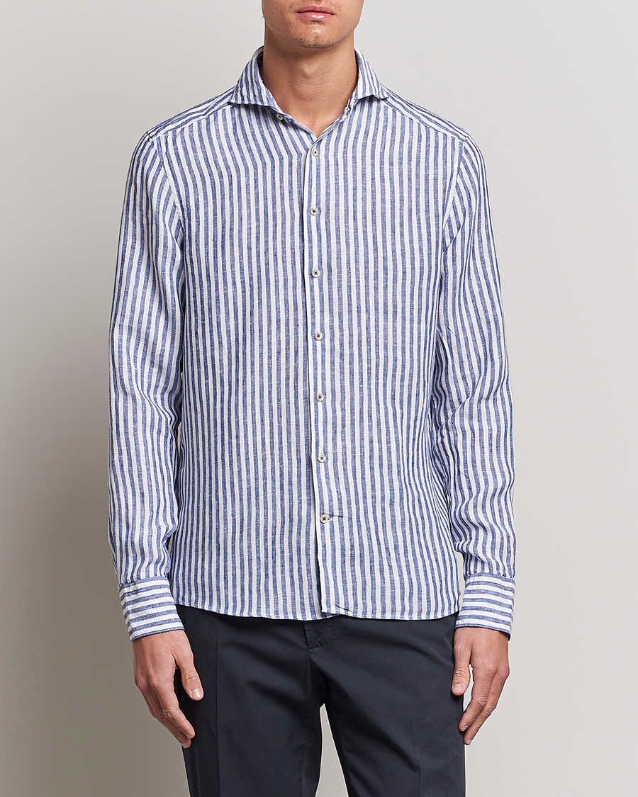 Homme | Chemises | Stenströms | Slimline Cut Away Striped Linen Shirt Blue