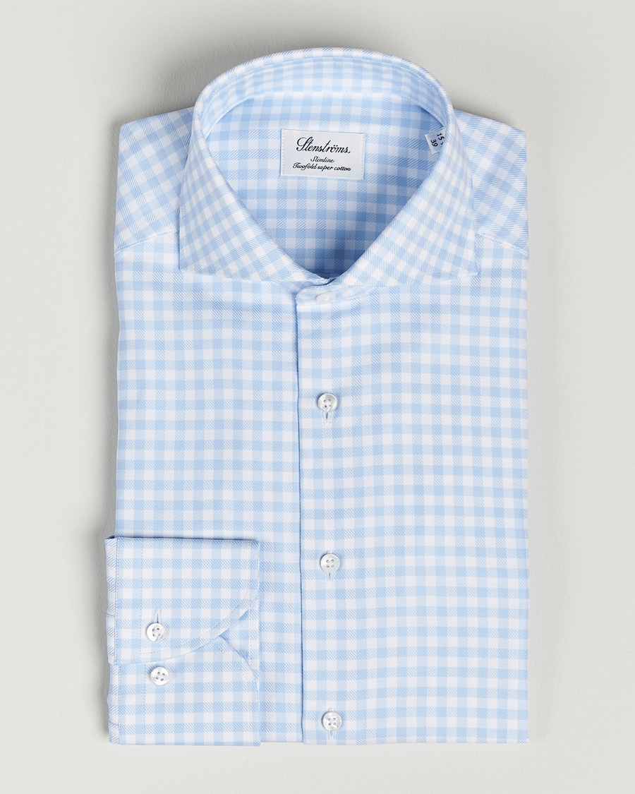 Homme | Chemises | Stenströms | Slimline Checked Cut Away Shirt Light Blue