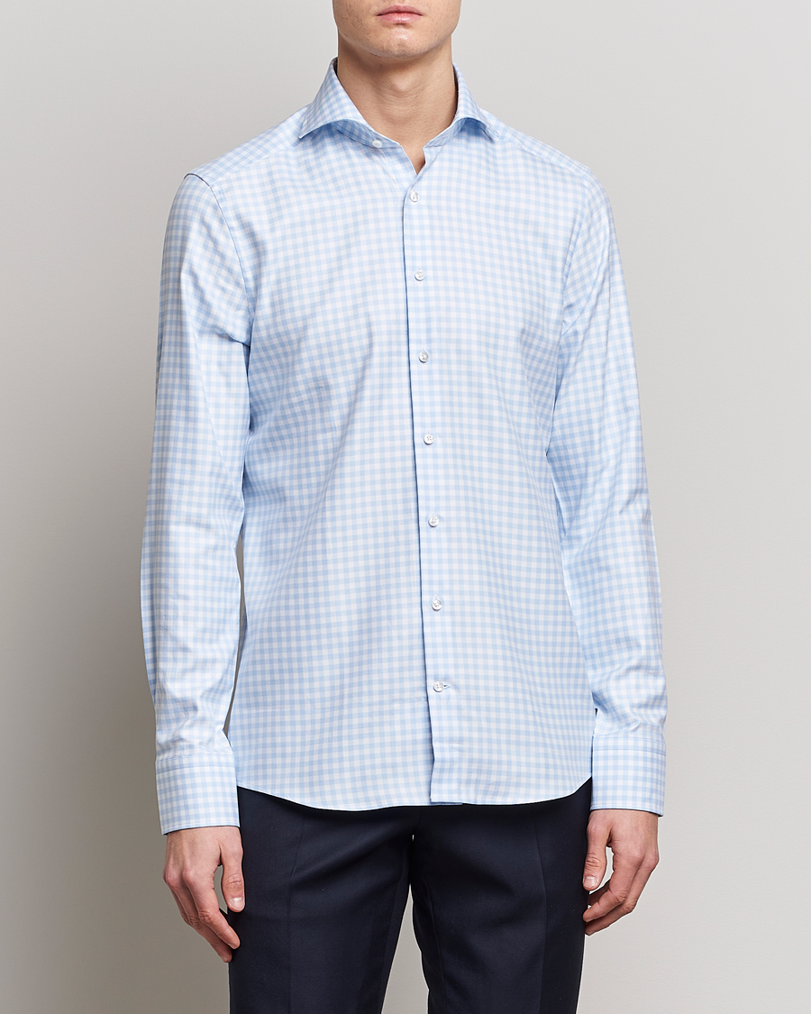 Homme | Chemises | Stenströms | Slimline Checked Cut Away Shirt Light Blue