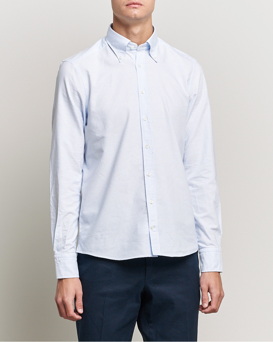 Homme | Chemises Oxford | Stenströms | Slimline Washed Striped Oxford Shirt Light Blue