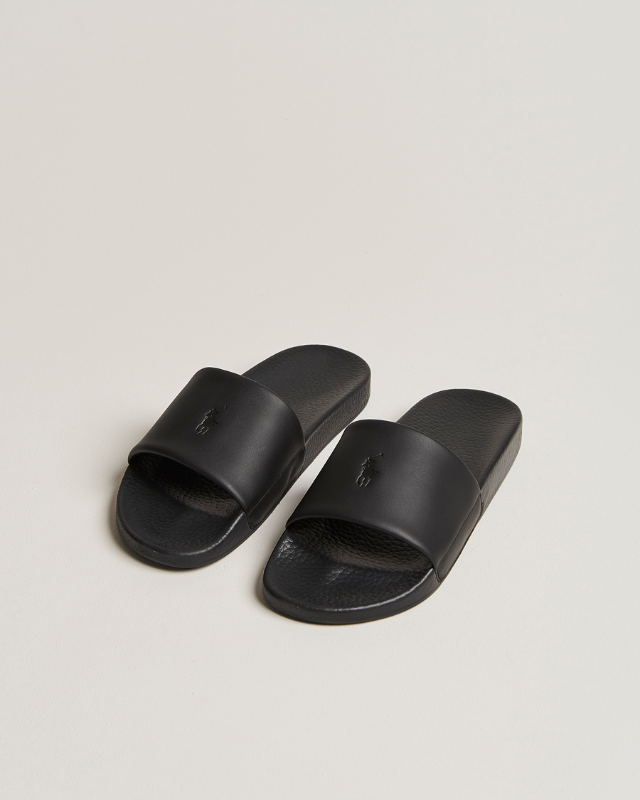 Homme | Polo Ralph Lauren Leather Logo Slides Black | Polo Ralph Lauren | Leather Logo Slides Black