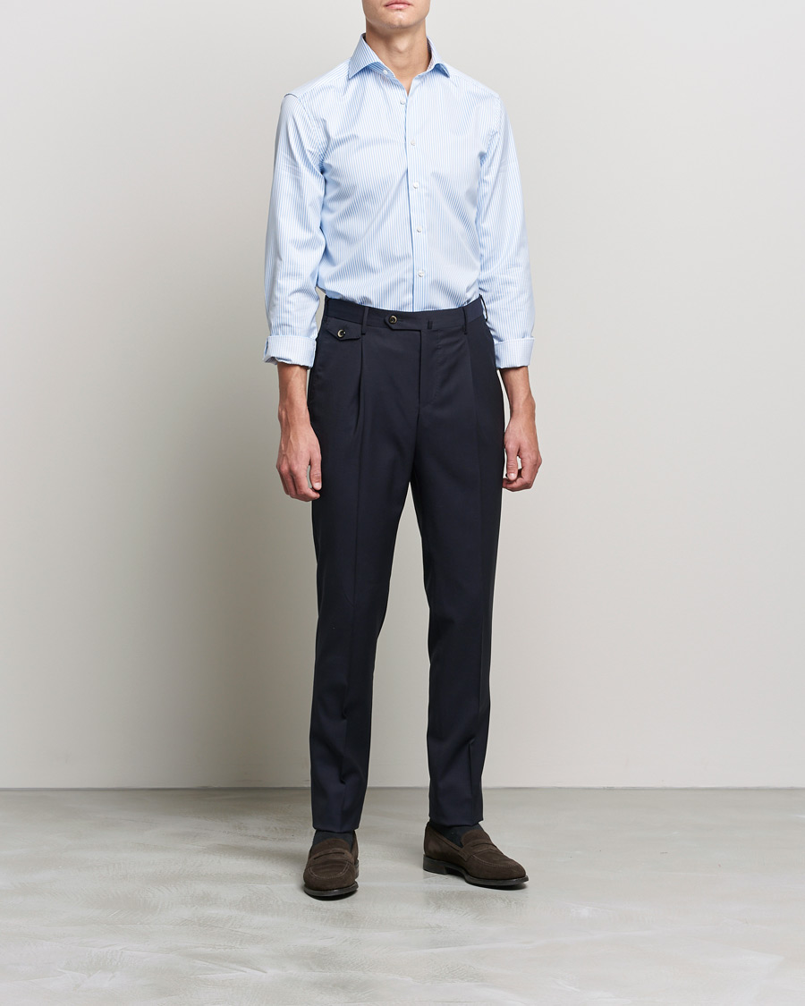 Homme | Chemises D'Affaires | Stenströms | Slimline Stripe Cut Away Shirt Light Blue