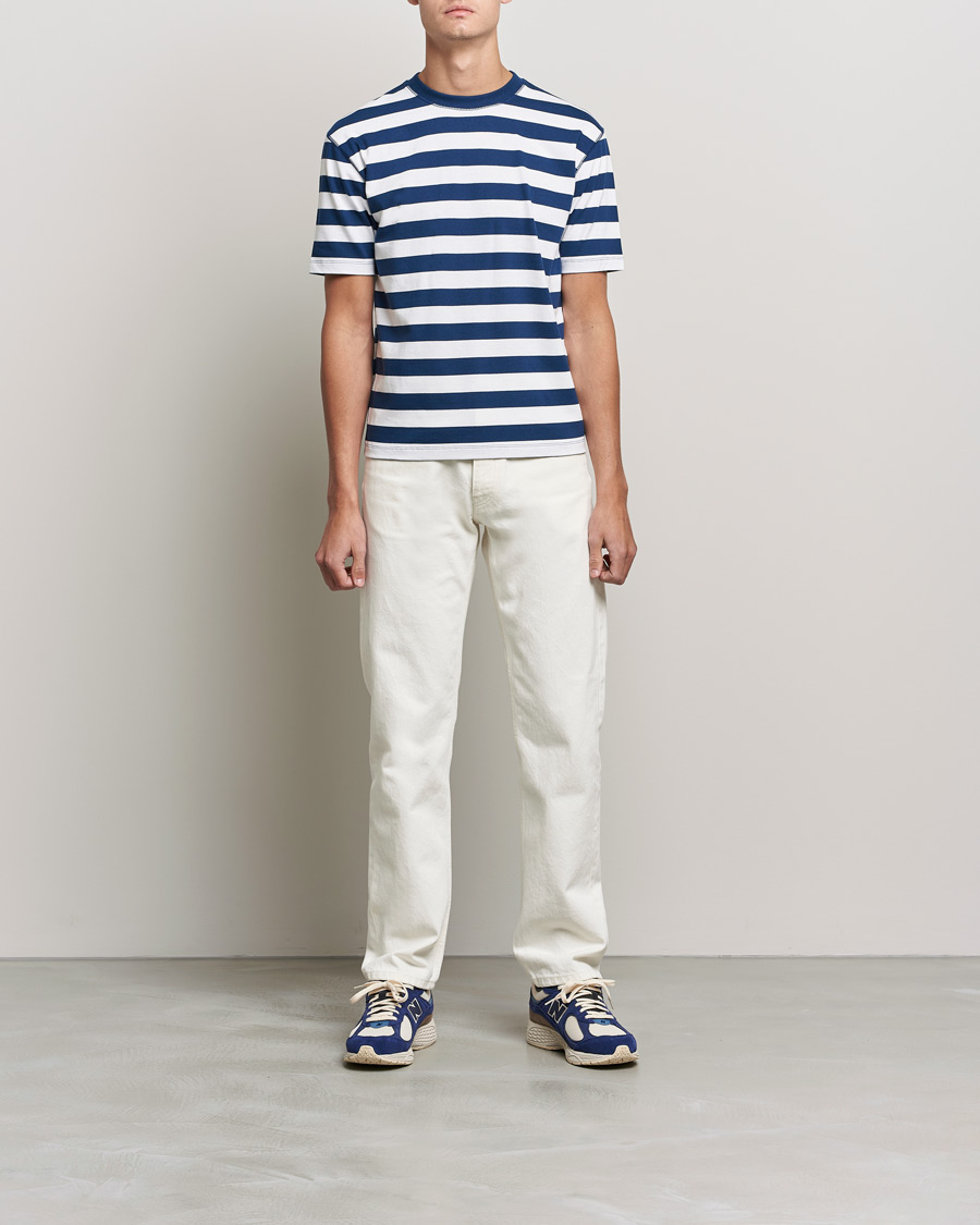 Homme | T-shirts | Drake's | Striped Cotton Hiking Tee White/Navy
