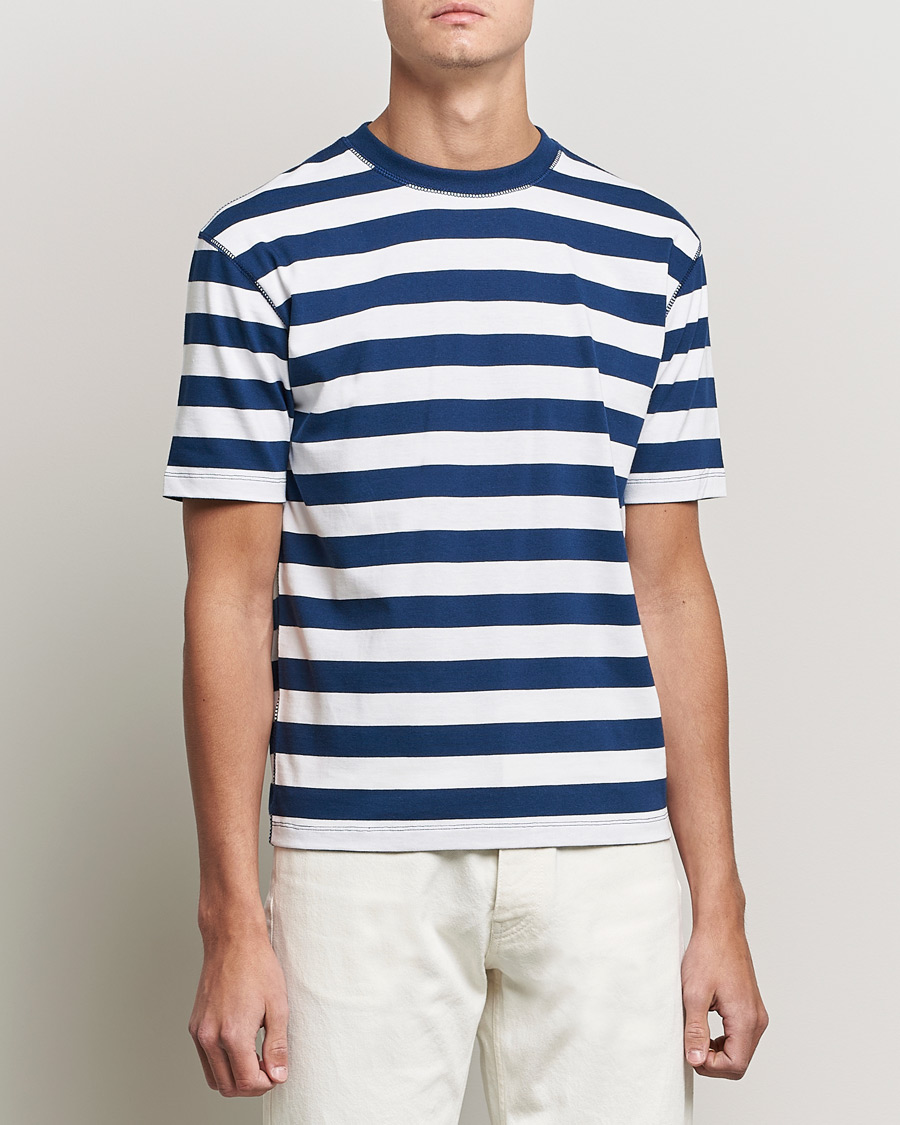 Homme | T-shirts | Drake's | Striped Cotton Hiking Tee White/Navy