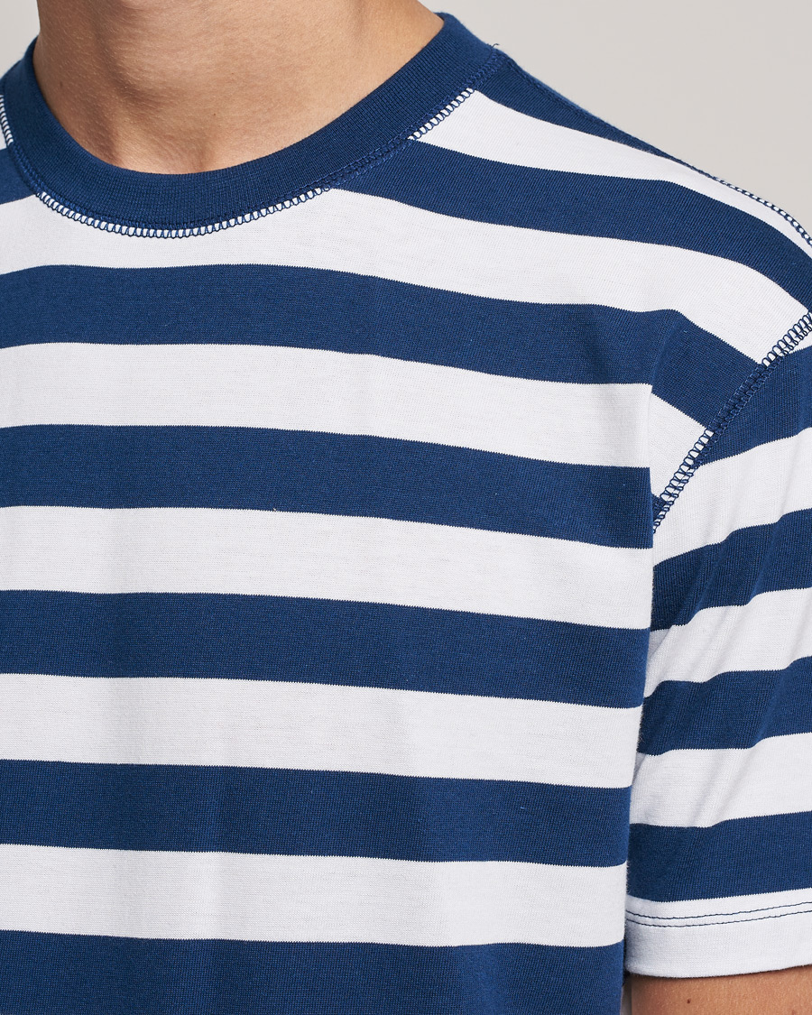 Homme | T-shirts | Drake's | Striped Cotton Hiking Tee White/Navy