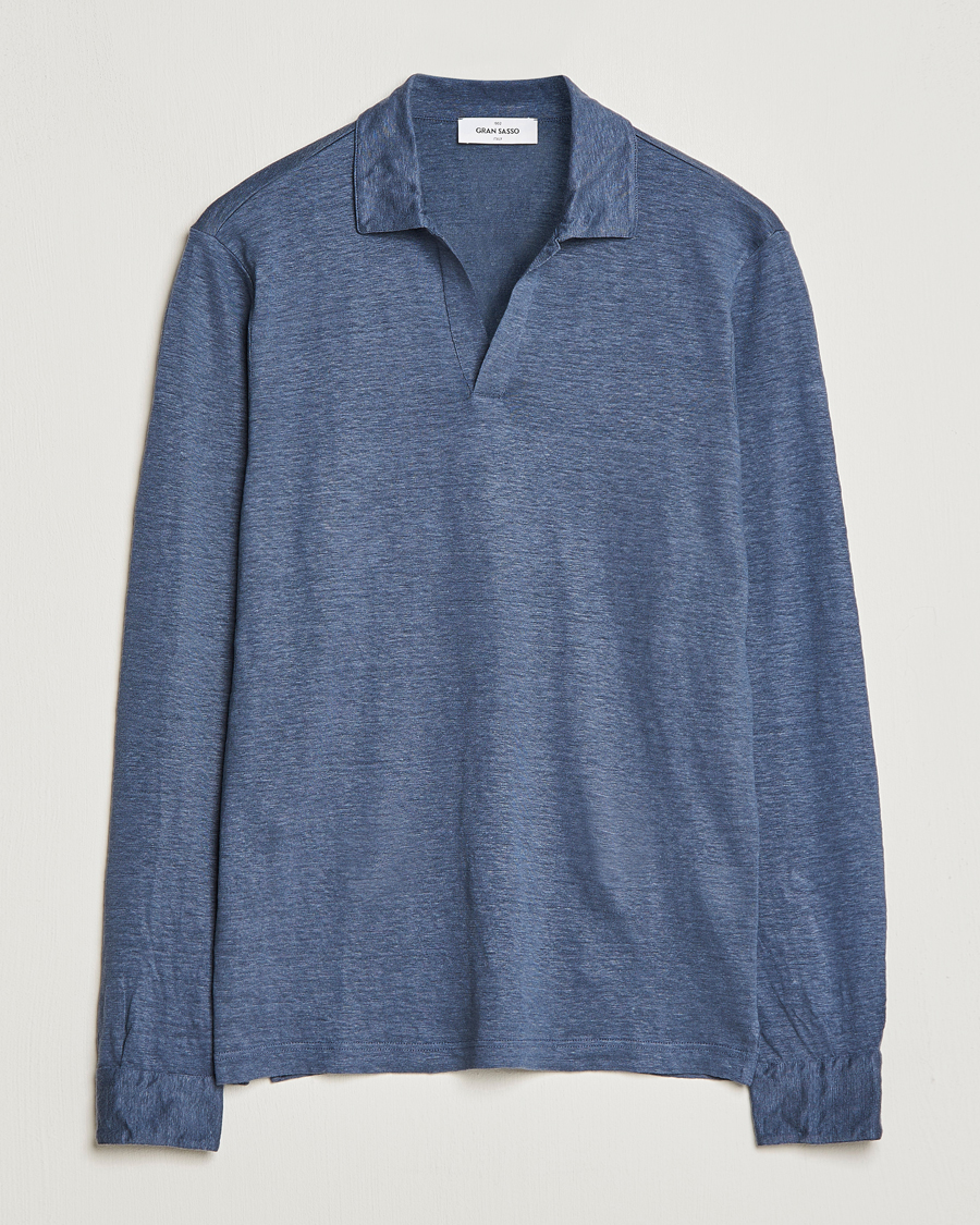 Homme | Pulls Et Tricots | Gran Sasso | Washed Linen Long Sleeve Polo Blue Melange