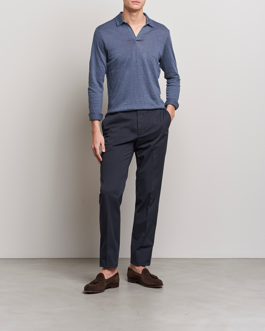 Homme | Pulls Et Tricots | Gran Sasso | Washed Linen Long Sleeve Polo Blue Melange