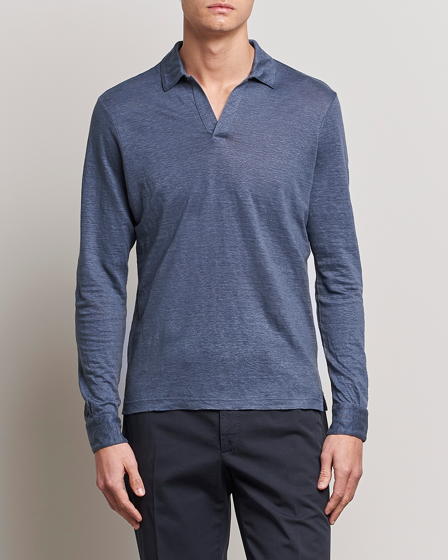 Homme | Pulls Et Tricots | Gran Sasso | Washed Linen Long Sleeve Polo Blue Melange