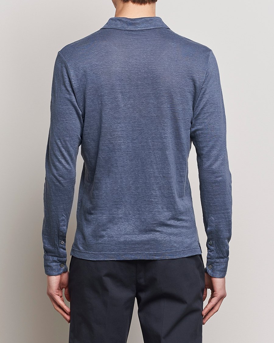 Homme | Pulls Et Tricots | Gran Sasso | Washed Linen Long Sleeve Polo Blue Melange