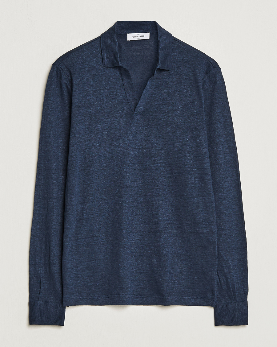 Homme | Polos | Gran Sasso | Washed Linen Long Sleeve Polo Navy Melange