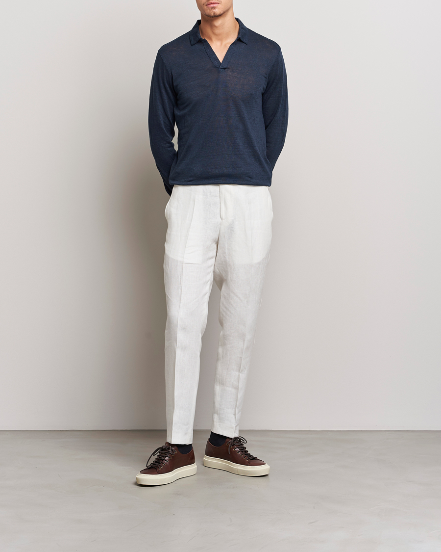 Homme | Polos | Gran Sasso | Washed Linen Long Sleeve Polo Navy Melange