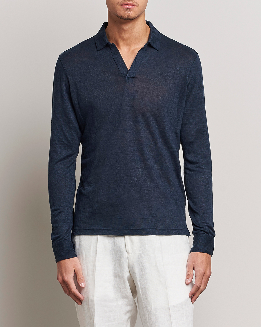 Homme | Polos | Gran Sasso | Washed Linen Long Sleeve Polo Navy Melange