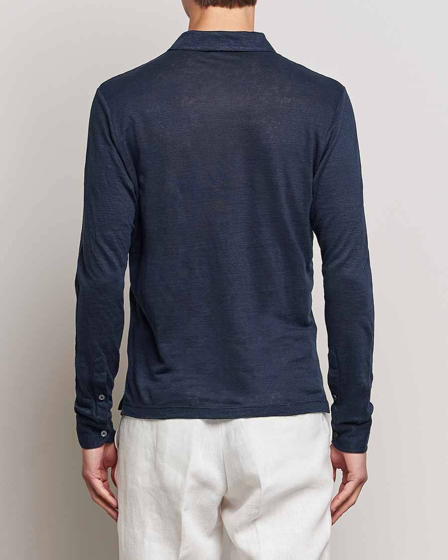 Homme | Polos | Gran Sasso | Washed Linen Long Sleeve Polo Navy Melange